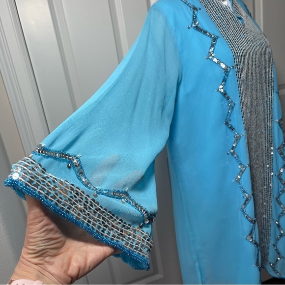 Marisol of India Tunic Dress Blue Chiffon Silver Sequins Embellished Beaded 14 - Picture 5 of 16